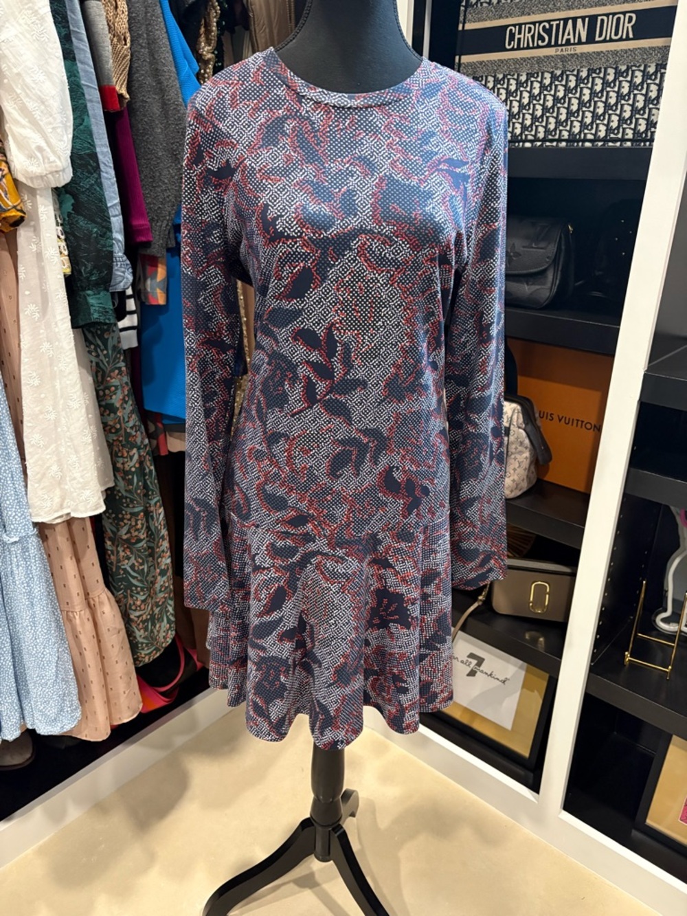 Long-Sleeve Tory Burch Navy Abstract Printed Swing Dress